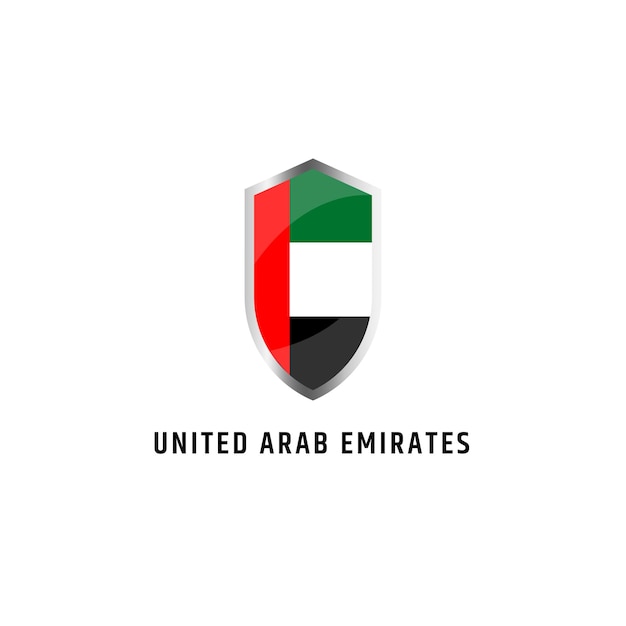Vlag van Verenigde Arabische Emiraten met schild vorm pictogram platte vectorillustratie