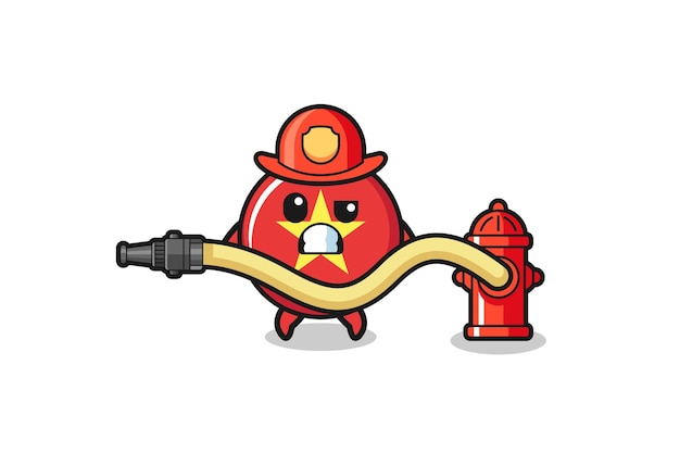 Vlag van Vietnam cartoon als brandweerman mascotte met waterslang schattig ontwerp