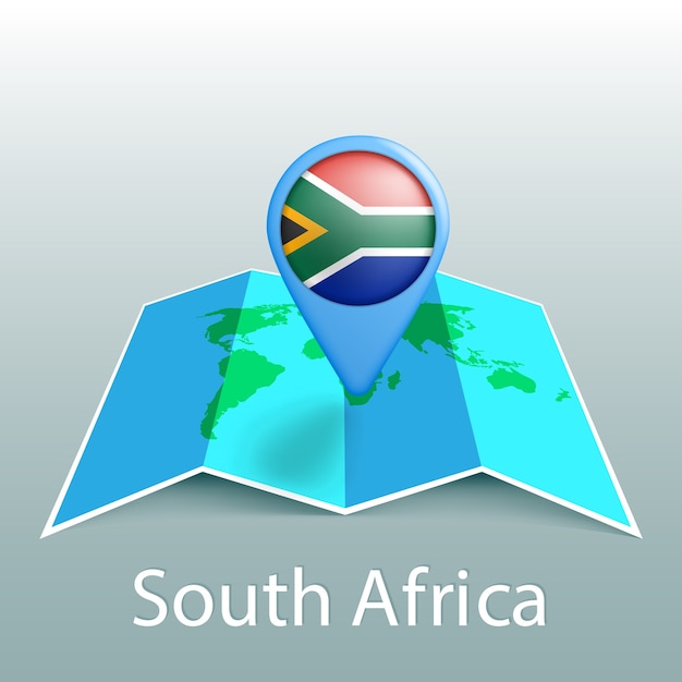Vlag van zuid-afrika wereldkaart in pin met naam van land op grijze achtergrond
