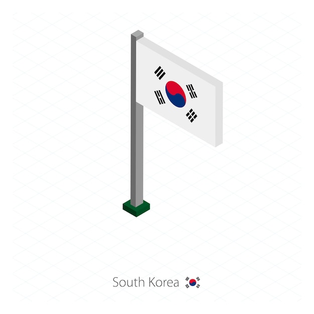 Vector vlag van zuid-korea op vlaggenmast in isometrische dimensie isometrische blauwe achtergrond vectorillustratie