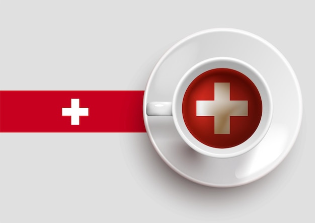 Vlag van Zwitserland met een lekker kopje koffie op bovenaanzicht