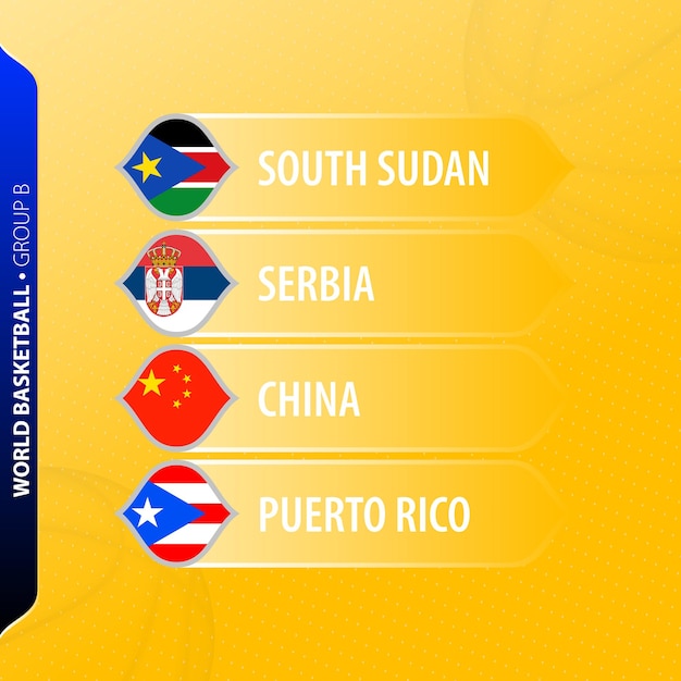 Vlaggen die de deelnemers van Groep B vertegenwoordigen in het basketbaltoernooi van 2023.