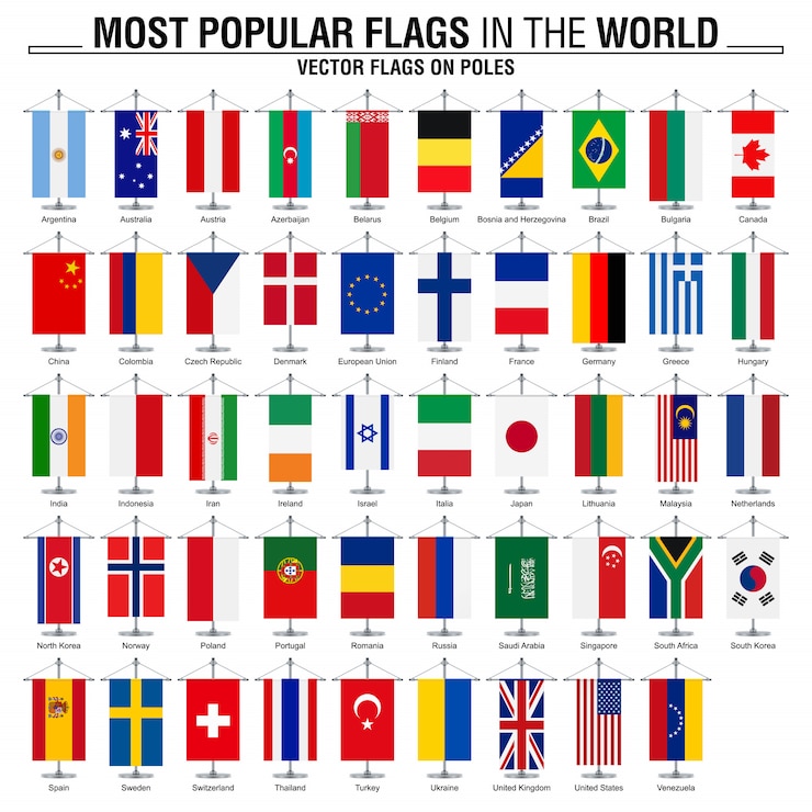 Vector vlaggen op palen, populairste wereldvlaggen