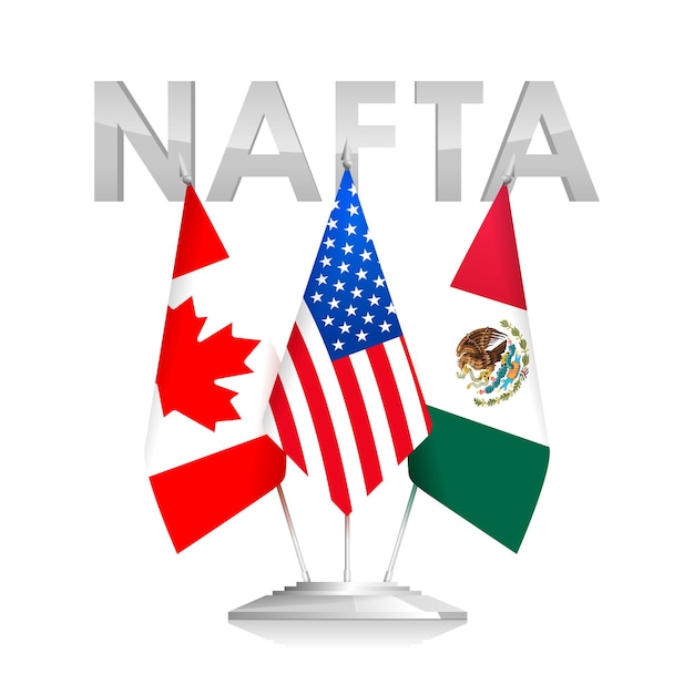 Vlaggen van nafta-landen canada, de v.s. en mexico. de noord-amerikaanse vrijhandelsovereenkomst. politiek en economisch nieuws vector illustratie