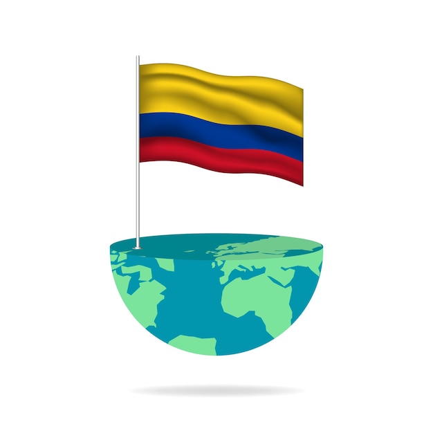 Vlaggenmast van Colombia op wereldbol. Vlag zwaaien over de hele wereld. Eenvoudig bewerken en vectoren in groepen.