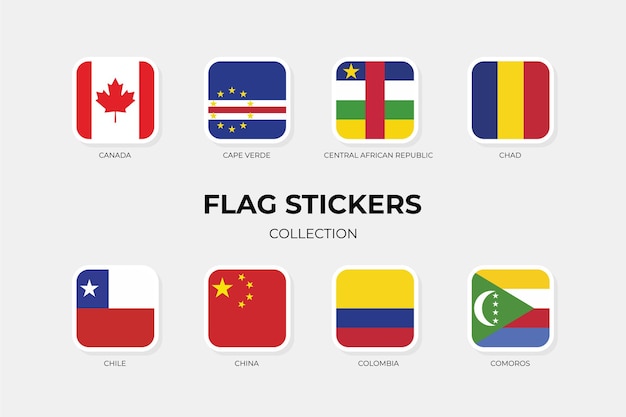 Vlagstickers van Canada Kaapverdië Centraal-Afrikaanse Republiek Tsjaad Chili China Colombia en Comoren