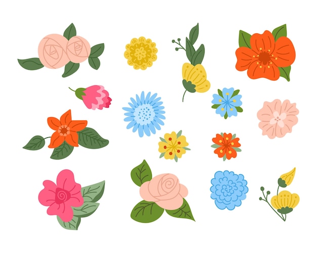 Vlak gekleurde doodle voorjaars bloemen set