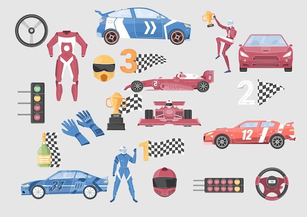 Vlak gekleurde pictogrammen die met raceauto's, racers en andere elementen worden geplaatst die op grijze vectorillustratie als achtergrond worden geïsoleerd