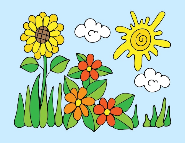 Vlak landschap Gele zonnebloem groen gras bloeiende bloemen blauwe hemel zomerzon witte wolken Handgetekende vectorillustratie