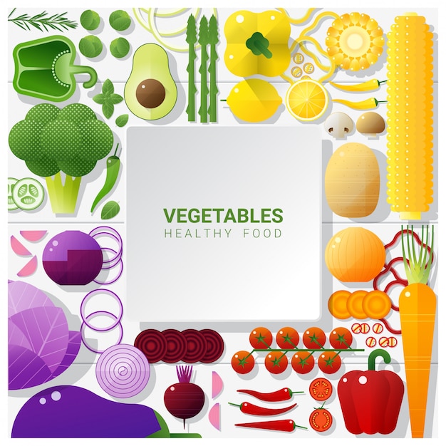 Vector vlak leg verse groenten op witte lijstachtergrond, gezond voedselconcept