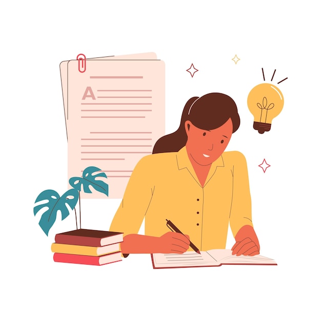Vlak ontwerp van vrouw schrijft essay
