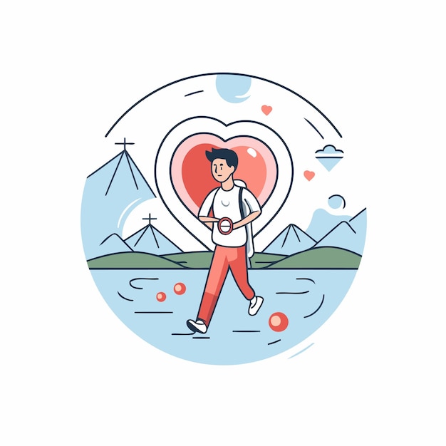 Vlak ontwerp vector illustratie concept van een verliefde man die op het meer loopt