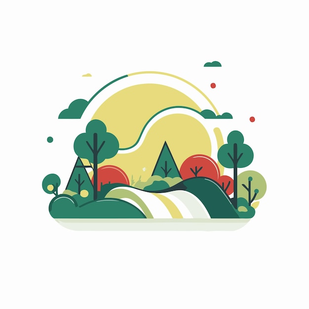 Vlak ontwerp vector illustratie concept van natuur landschap landschap met rivier bos bomen en zon