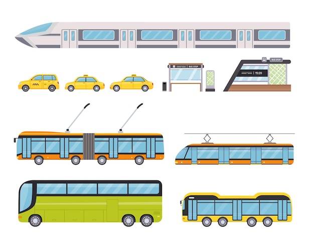 Vlak openbaar stadsvervoer over land en gele taxiauto. stedelijke voertuigen en bushalte. cartoon trolleybus, metro en tram vector set. stadsvoertuigen of transport geïsoleerde elementen