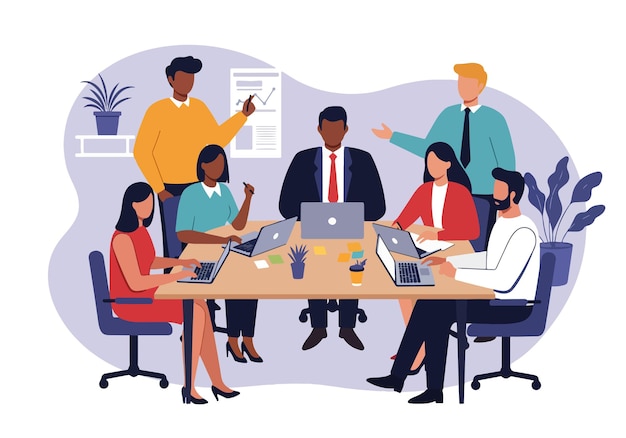 Vlak vector illustratie Diverse team Samenwerken in een modern kantoor Creatief brainstorming