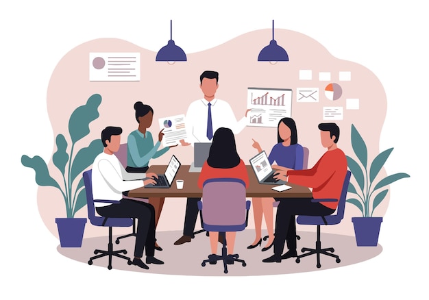 Vlak vector illustratie Diverse team Samenwerken in een modern kantoor Creatief brainstorming