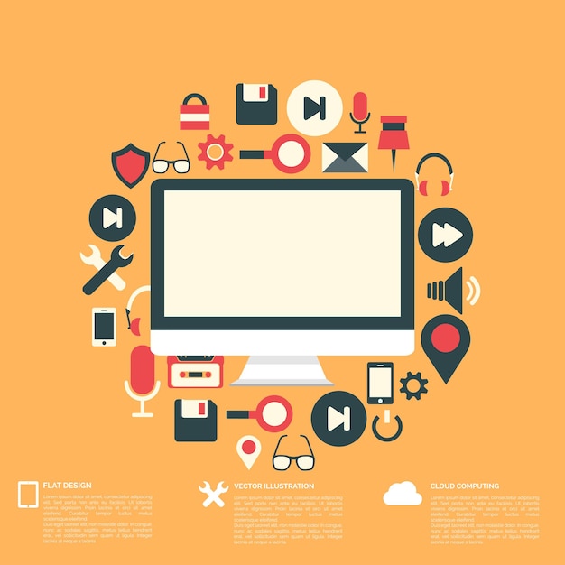 Vlakke abstracte achtergrond met web-iconen, interface-symbolen, cloud computing, mobiele apparaten