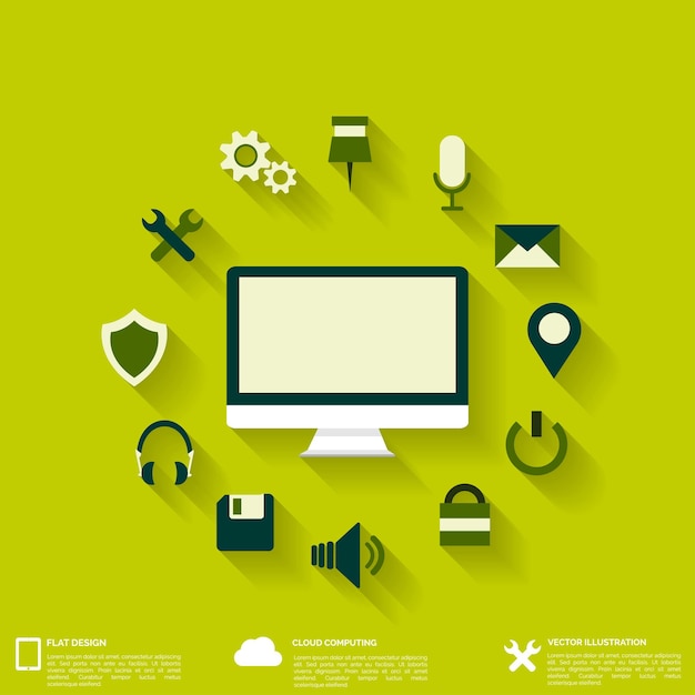 Vlakke abstracte achtergrond met web-iconen, interface-symbolen, cloud computing, mobiele apparaten