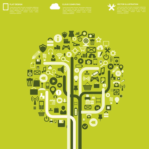 Vlakke abstracte achtergrond met web-iconen, interface-symbolen, cloud computing, mobiele apparaten