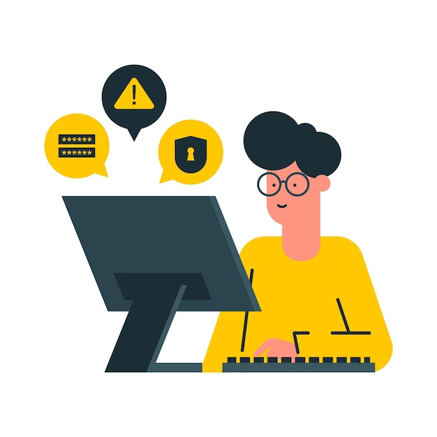 Vlakke achtergrondillustratie van cybersecurity met de man achter het bureau