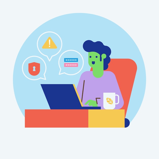 Vlakke achtergrondillustratie van cybersecurity met de man achter het bureau