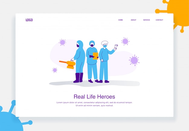 vlakke afbeelding concept van professionele artsen en verpleegkundigen poseren samen met beschermende pakken, covid 19 voor bestemmingspagina sjabloon