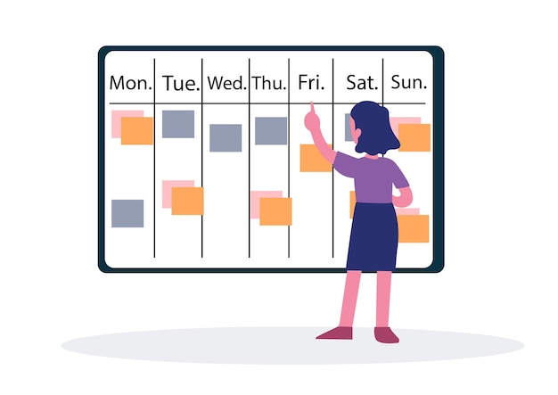 Vector vlakke afbeelding van achteraanzicht van meisje dat wekelijkse plannen maakt op kalender voor bedrijfsstrategieën