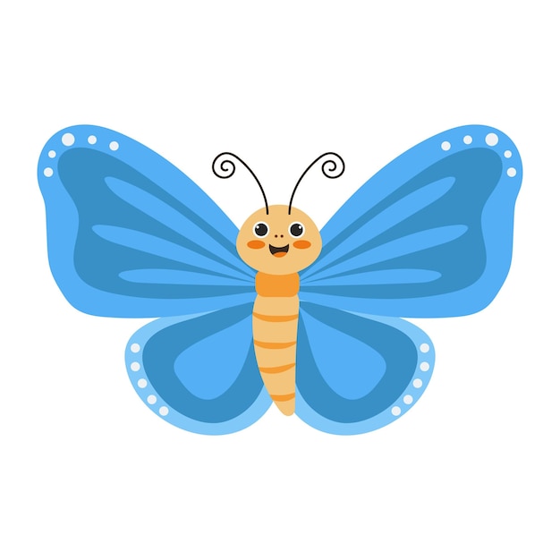 Vlakke afbeelding van een kleurrijke vrolijke vlinder met blauwe vleugels op een witte achtergrond