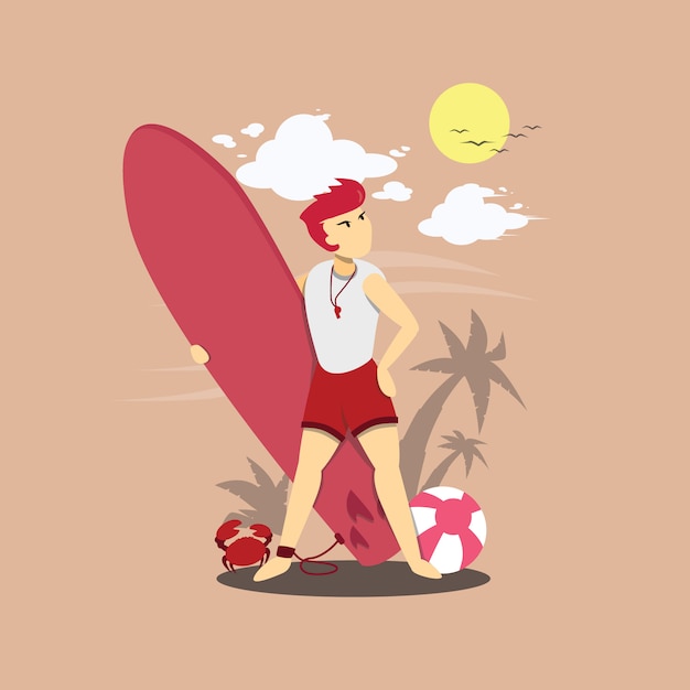 Vlakke afbeelding van een surfer-karakter