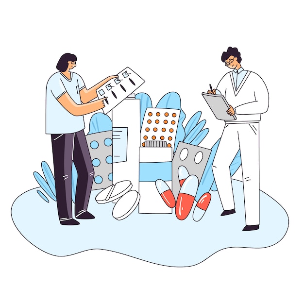 vlakke afbeelding van man en vrouw tekens controle van medische drug, pil, capsule voor de menselijke gezondheid. Geneeskunde farmaceutische behandeling en onderzoeksconcept, RX Prescription Doctor Choice