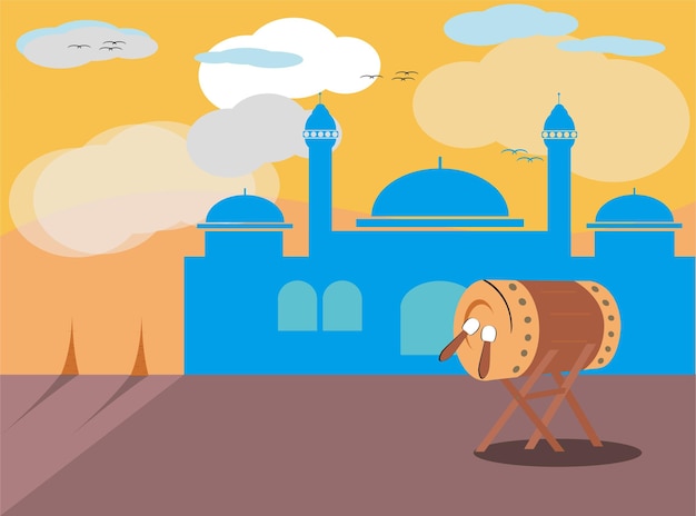 Vector vlakke afbeelding van moskee en trommelontwerp voor de viering van islamitische feestdagen vector