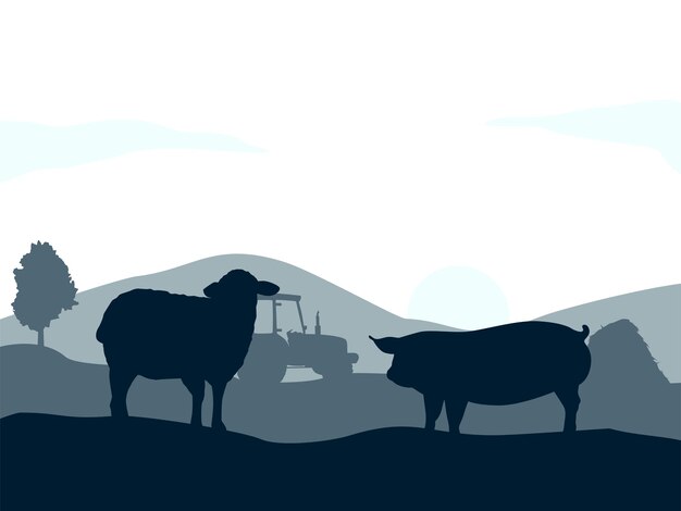 Vlakke afbeelding van schapen en varkens in boerderij live silhouet vectorillustratie