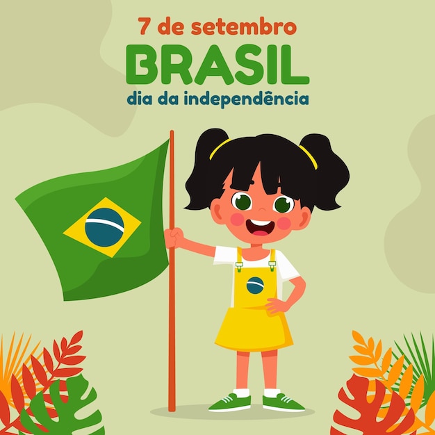 Vlakke afbeelding voor 7 de setembro viering met schattig meisje en braziliaanse vlag