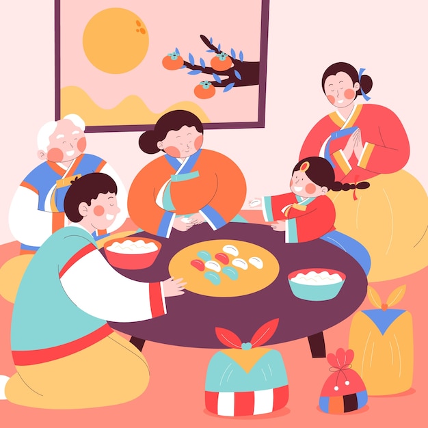 Vlakke afbeelding voor de Koreaanse chuseok-festivalviering