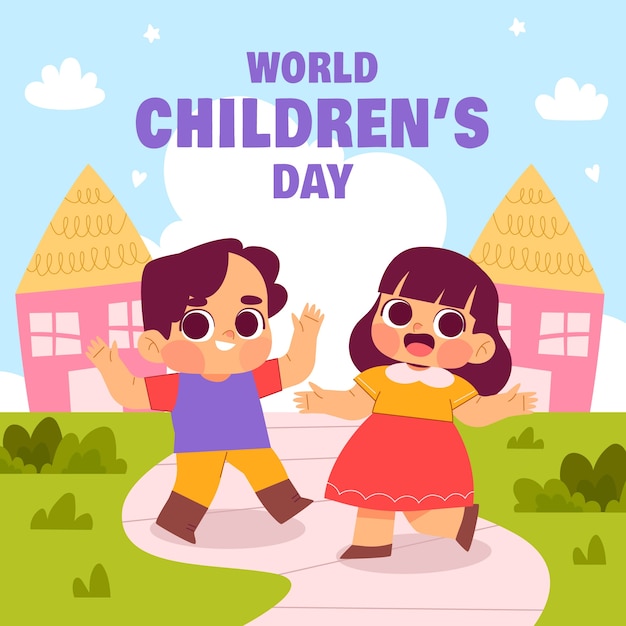 Vlakke afbeelding voor de viering van de wereldkinderdag met spelende kinderen