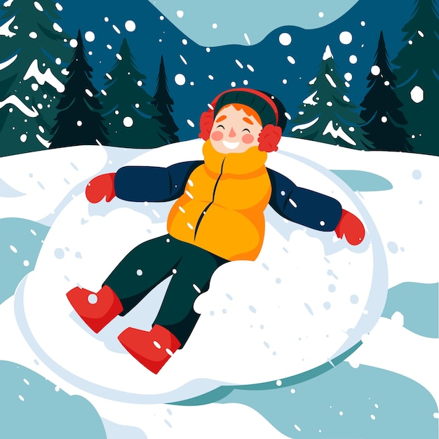Vector vlakke afbeelding voor het winterseizoen met kind ontspannen in sneeuwbal