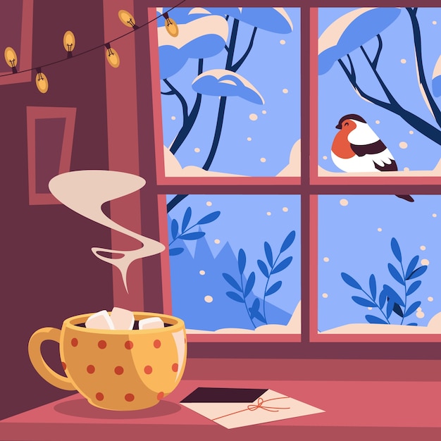Vlakke afbeelding voor het winterseizoen met warme dranken binnenshuis bij het raam