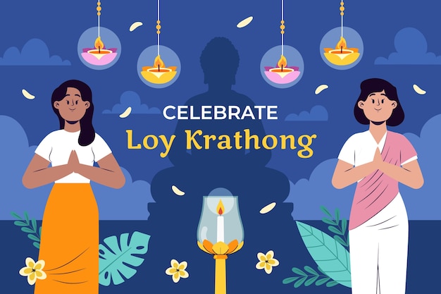 Vector vlakke afbeelding voor loy krathong thai festivalviering