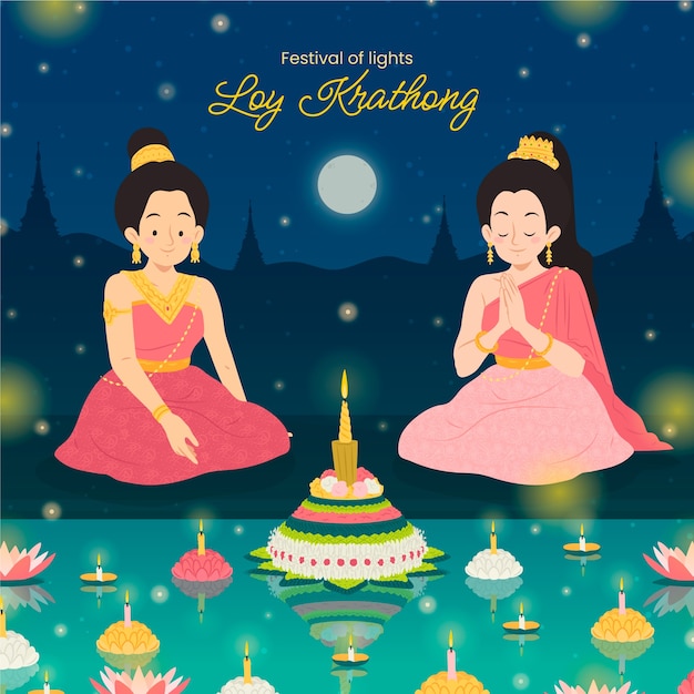 Vlakke afbeelding voor loy krathong thai festivalviering