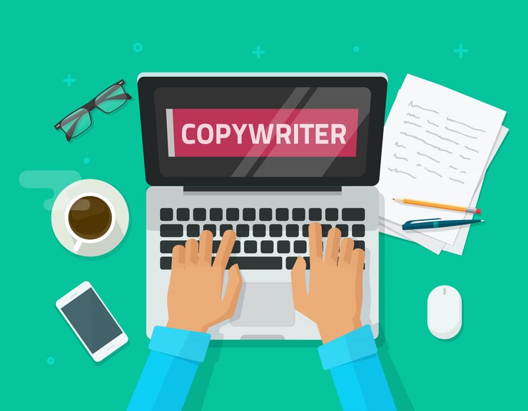 Vector vlakke beeldverhaalwerkplaats van copywriter die aan laptop en het schrijven van artikel werken