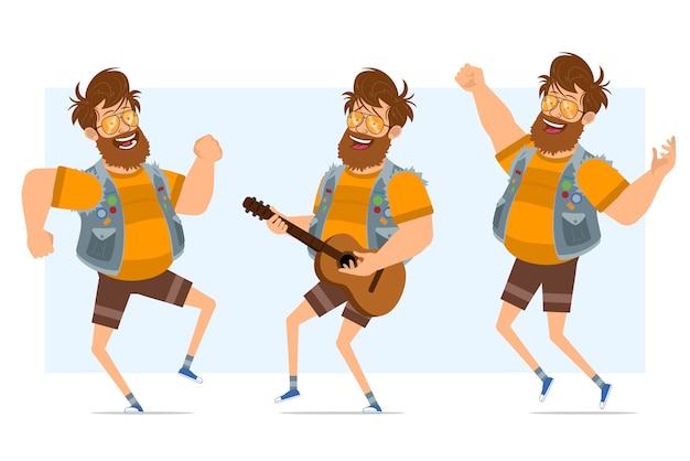 Vlakke grappige bebaarde dikke hipster man stripfiguur in spijkerbroek jerkin en zonnebril. klaar voor animatie. jongen gitaarspelen, dansen en springen. geïsoleerd op blauwe achtergrond.