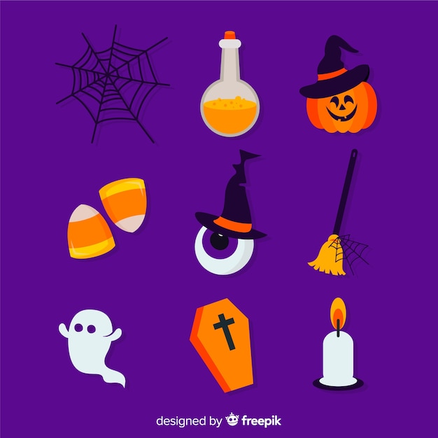 Vlakke Halloween-elementeninzameling op violette achtergrond