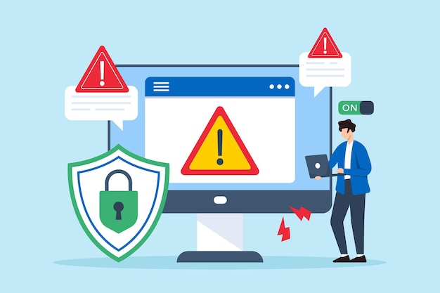 Vlakke illustratie van een beveiligingsdeskundige die antivirussoftware op een computer activeert met een waarschuwing voor geblokkeerde malware