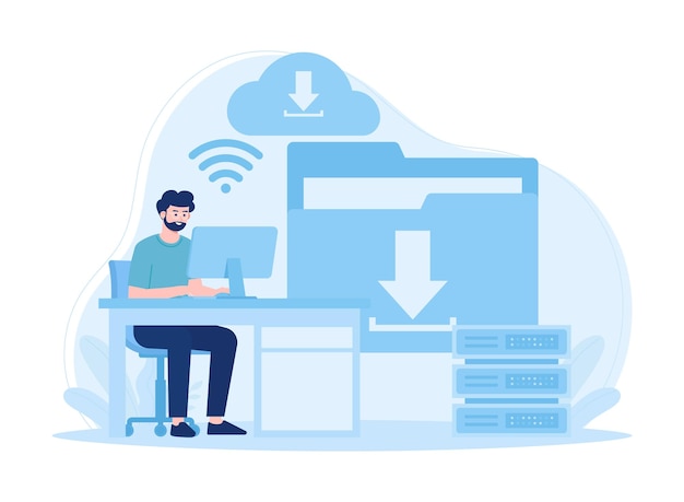 Vlakke illustratie van het concept van het downloaden van big data
