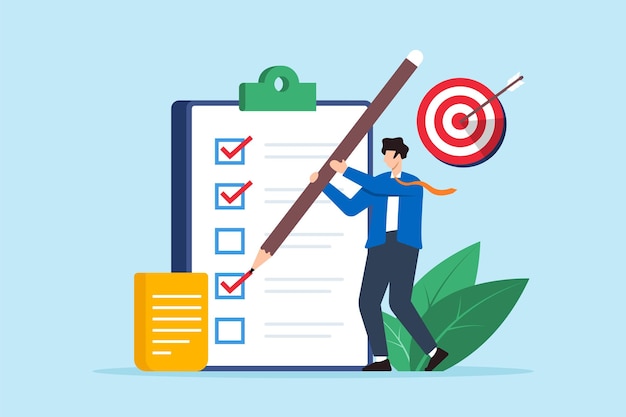 Vlakke illustratie van start-up oprichter markeer doel of doel gebruik potlood op zakelijke checklist in klembord met bullseye