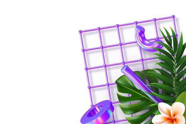 Vector vlakke leggen met 3d render geometrische vormen en monstera bladeren.