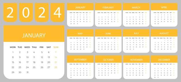 Vlakke maandelijkse kalender template 2024