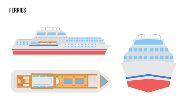 Vlakke ontwerpillustratie van de veerboot openbare voertuigen van bovenaf, zijwaarts, voorwaarts, geïsoleerd door een witte achtergrond