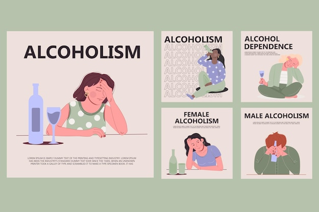Vlakke stijl alcoholisme sociale mediacollectie Instagram-berichten Internationale mensen