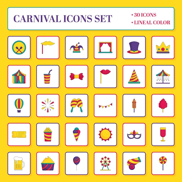 Vlakke Stijl Carnaval Sqaure Icon Set In Gele Achtergrond